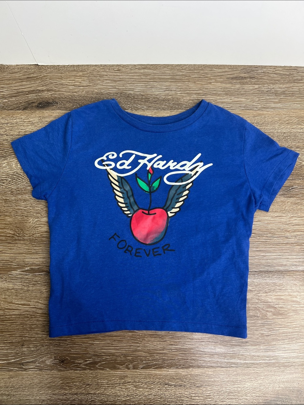 Ed Hardy “Forever” Cherry Graphic Baby Tee Blue Size Small
